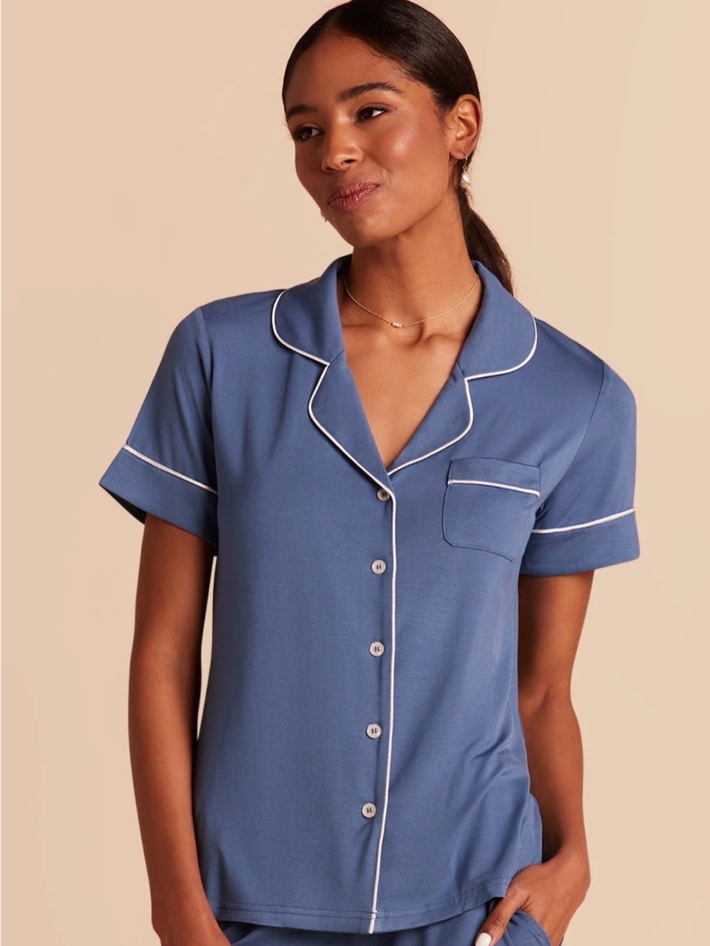 Birdy Grey Blue Short-Sleeve Pajama Shirt with White Piping NWT